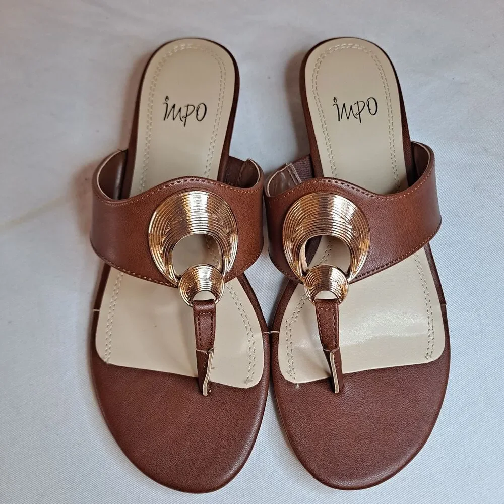 Impo Ronette Slide Sandals Women's 7.5 Brown Gold Circle Cork Wedge Heel